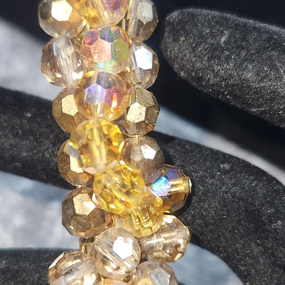 Vintage Amber AB Crystal Bead Bar Brooch Gold Tone Iridescent Cluster Pin